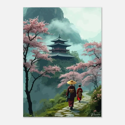 Une peinture numérique sereine représente deux figures en robes traditionnelles marchant le long d’un chemin de pierre sous des cerisiers en fleurs roses, avec un pagodon à étages multiples niché parmi des montagnes brumeuses en arrière-plan.