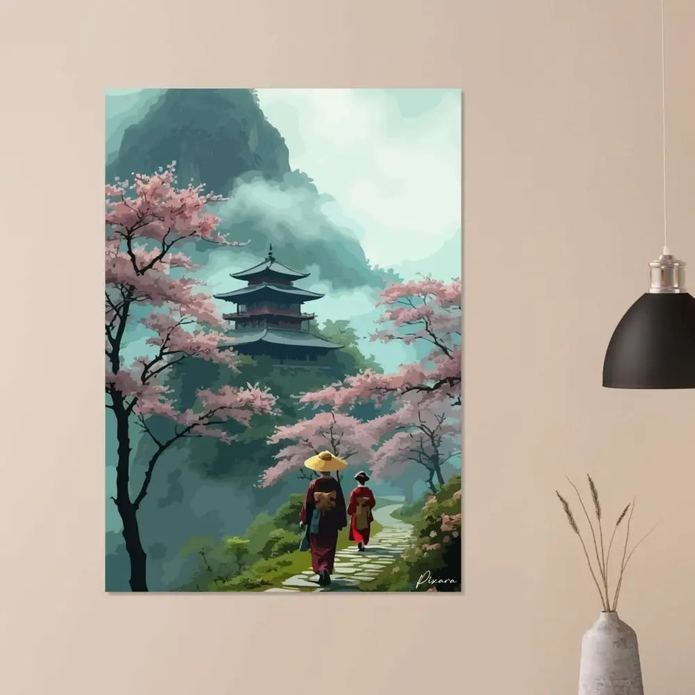 Une œuvre d’art numérique sereine représentant deux figures en robes traditionnelles marchant le long d’un chemin de pierre sous des cerisiers en fleurs roses, avec un pagodon à étages multiples niché parmi des montagnes vertes brumeuses.