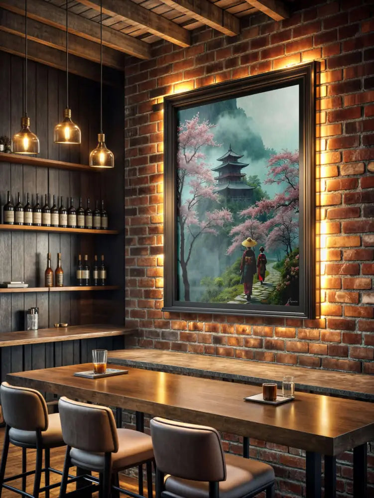 Une peinture encadrée d’un pagode traditionnel japonais entouré de cerisiers en fleurs roses, présentant deux figures marchant le long d’un chemin sous les arbres.