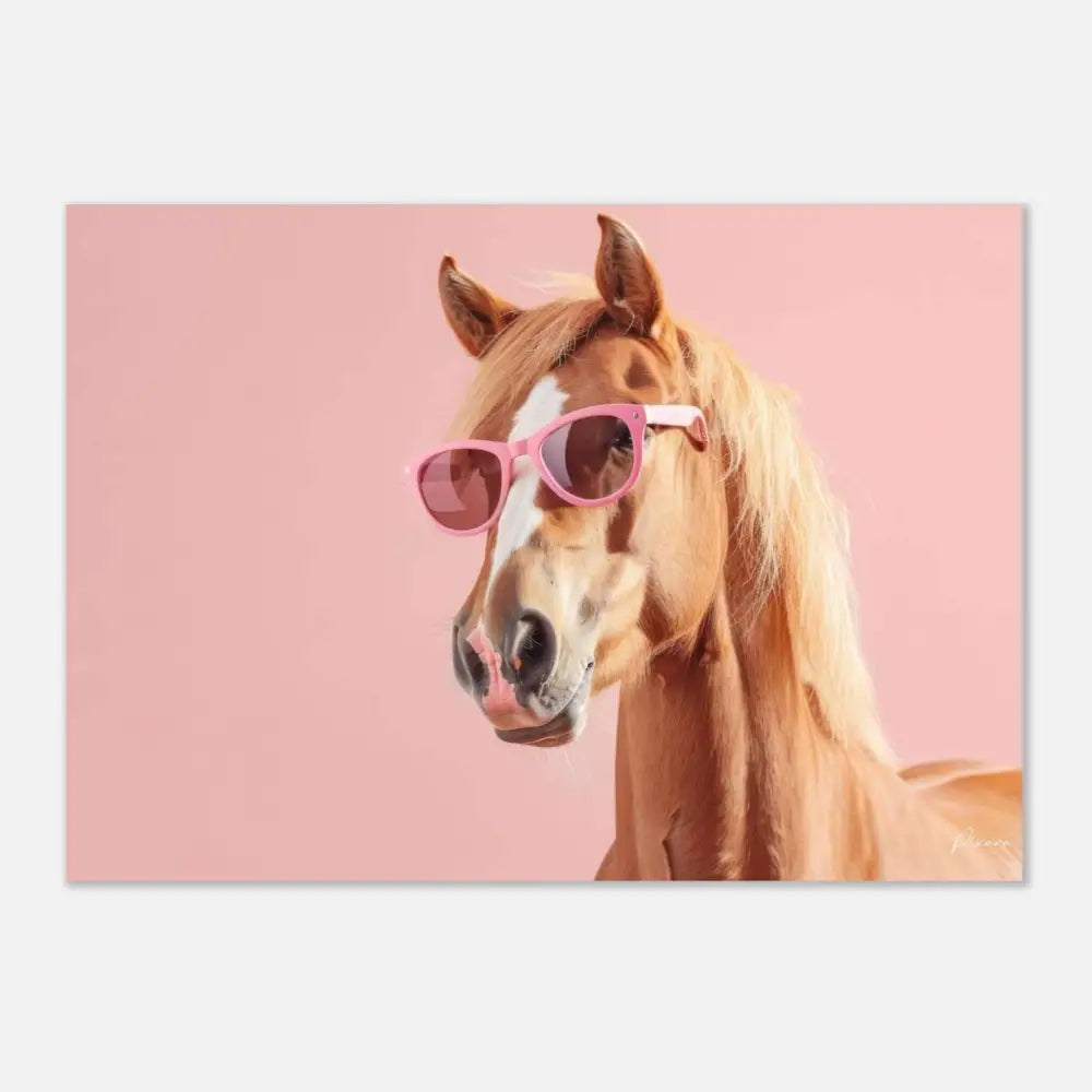 Des lunettes de soleil stylées à monture rose avec des verres sombres portées par un cheval marron clair sur un fond rose doux.