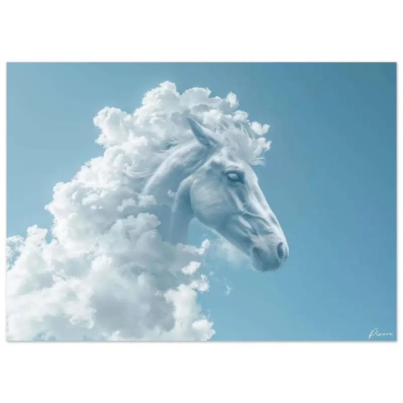 Une tête de cheval blanc sereine émergeant de nuages moelleux sur un ciel bleu doux.