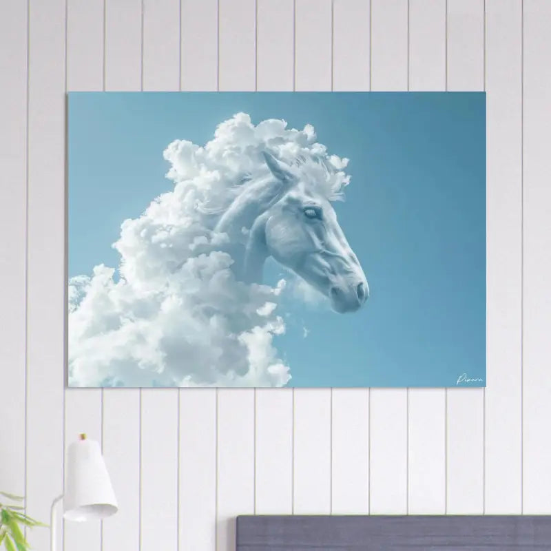 Un portrait serein d’un cheval blanc avec une crinière de nuages flottants, sur fond d’un ciel bleu doux, sur une toile rectangulaire.