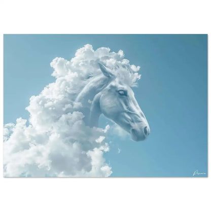 Une tête de cheval blanc sereine émergeant de nuages moelleux sur un ciel bleu doux.