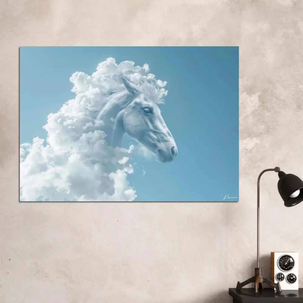 Un tirage sur toile rectangulaire présentant la tête d’un cheval blanc émergeant de nuages moelleux sur un ciel bleu doux.