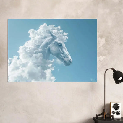 Un tirage sur toile rectangulaire présentant la tête d’un cheval blanc émergeant de nuages moelleux sur un ciel bleu doux.