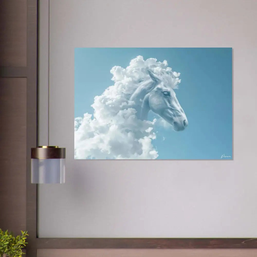 Une tête de cheval blanc sereine émergeant de nuages moelleux, représentée sur une toile rectangulaire avec un fond de ciel bleu doux.
