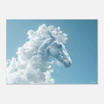 Un cheval blanc serein avec une crinière flottante émerge de formations duveteuses ressemblant à des nuages sur un ciel bleu doux.