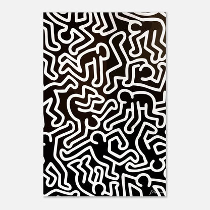 Impression d’art abstrait en noir et blanc mettant en scène des figures de style Keith Haring en lignes audacieuses et continues.