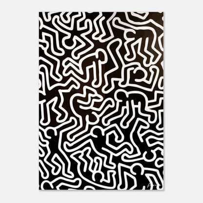 Impression d’art abstrait en noir et blanc mettant en scène des figures en lignes continues audacieuses dans un motif dynamique et énergique.