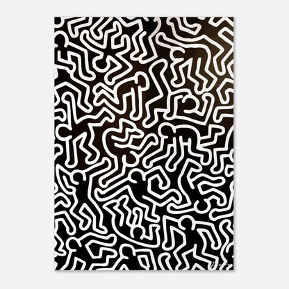 Impression d’art abstrait noir et blanc mettant en scène des figures stylisées et interconnectées dans un design en lignes audacieux.