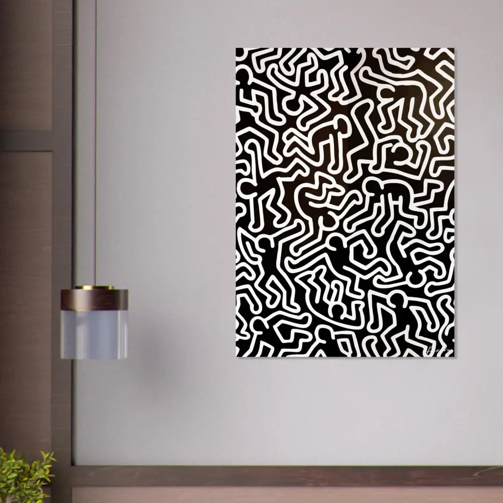 Toile abstraite en noir et blanc mettant en scène les figures stylisées emblématiques de Keith Haring en lignes continues fluides.