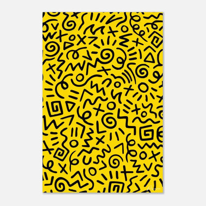 Toile jaune vibrant ornée d’un motif gribouillis abstrait audacieux et noir.