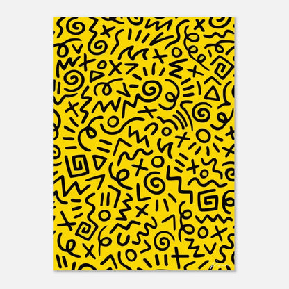 Toile jaune vibrant ornée d’un motif ludique dessiné à la main de symboles et formes abstraits noirs.