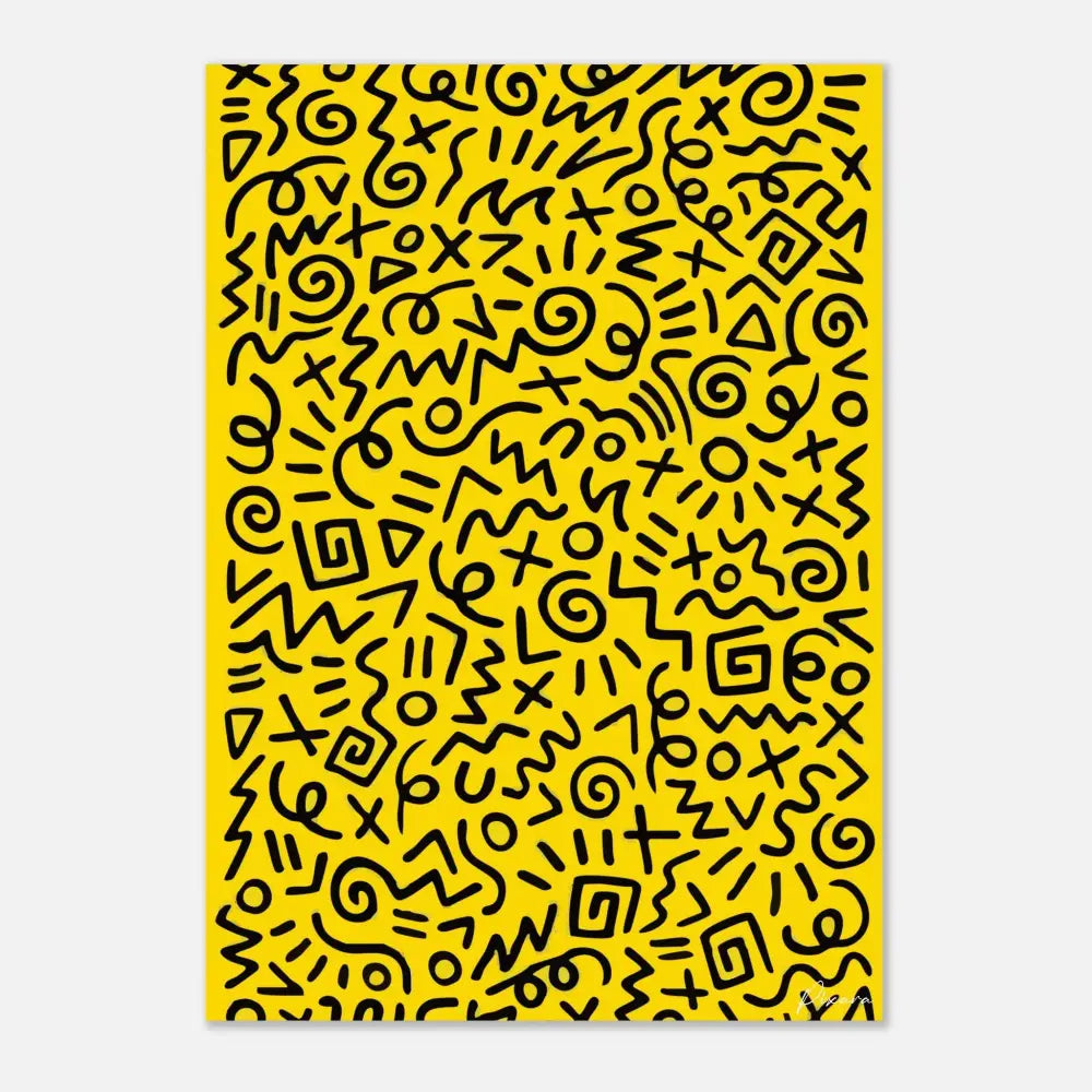 Toile jaune vibrant ornée d’un motif abstrait audacieux en noir, composé de lignes tourbillonnantes et de formes géométriques.