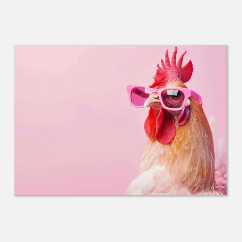 Un coq aux plumes brun doré et à la crête rouge vif porte des lunettes de soleil roses élégantes sur un fond rose doux.