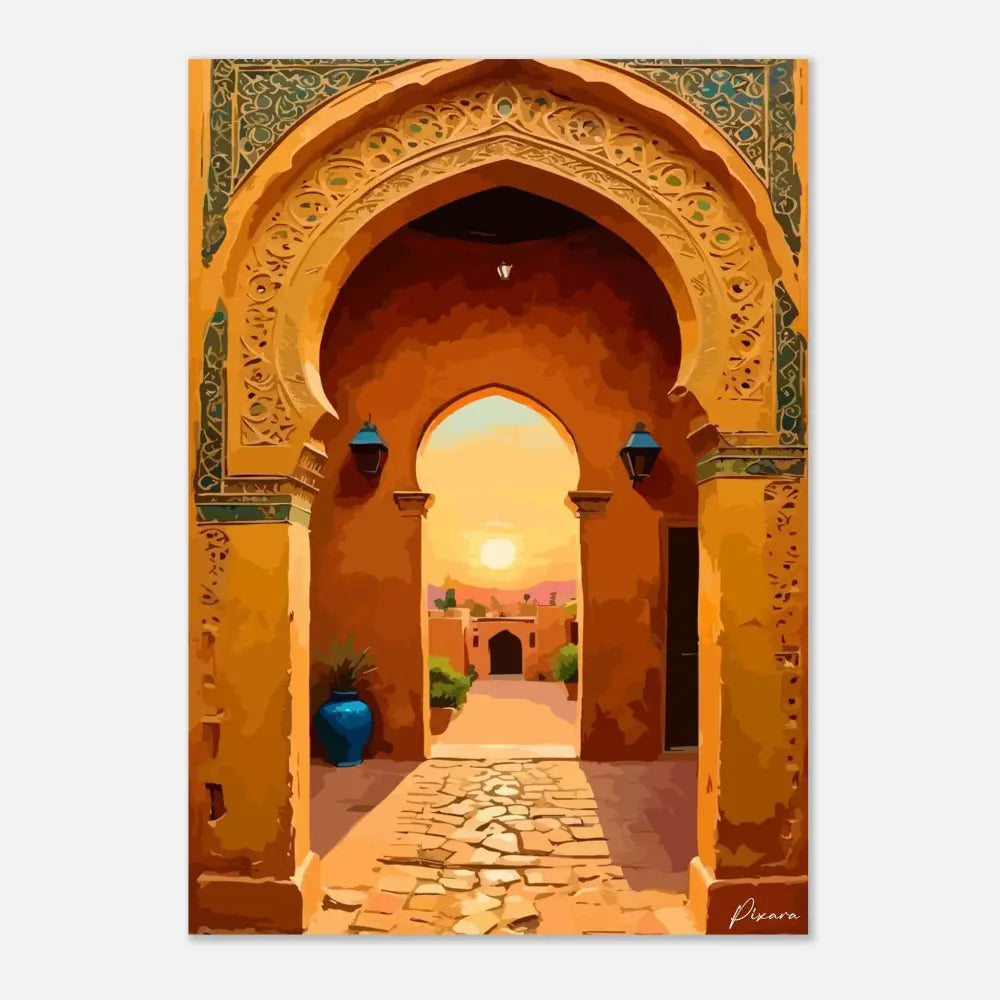 Une peinture d’une arche ornée vibrante en orange et turquoise avec des sculptures intricées, sur un fond de coucher de soleil chaud.