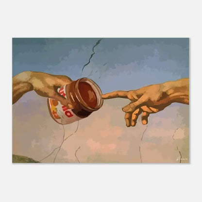 Une impression artistique vibrante dépeignant deux mains tendues pour se toucher en clin d’œil à la création d’Adam, avec une main tenant un pot ouvert de Nutella.