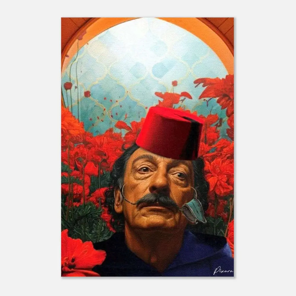 Une impression sur toile vibrante présentant un portrait d’un homme coiffé d’un fez rouge, entouré de coquelicots rouges audacieux sur un fond stylisé bleu et orange.