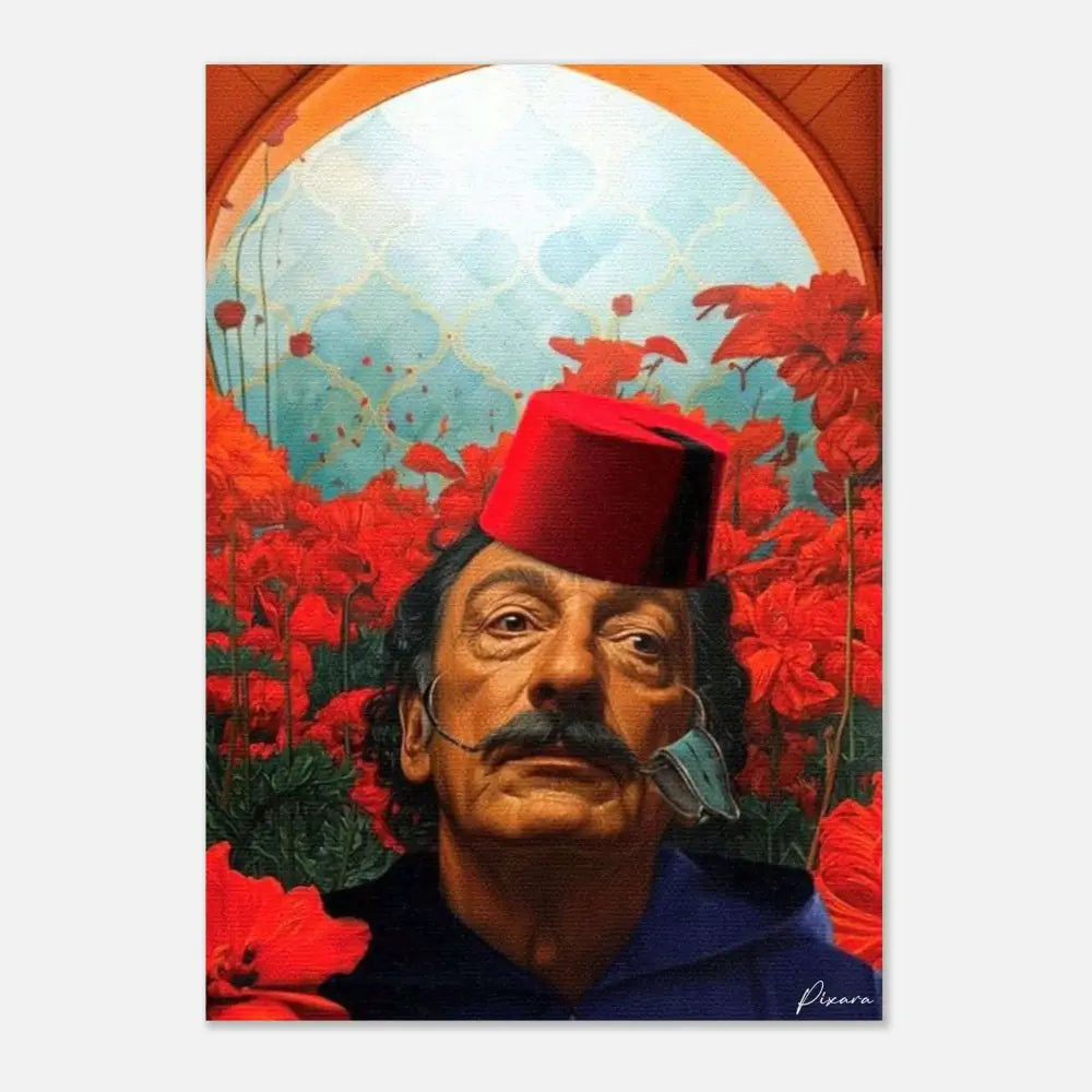 Une impression sur toile vibrante mettant en scène un homme coiffé d’un fez rouge entouré de coquelicots rouges audacieux sur un arrière-plan d’arche stylisée en bleu et orange.