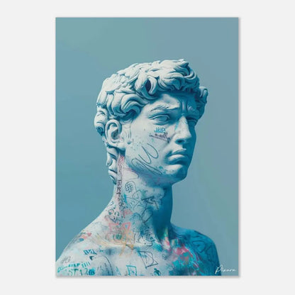 Une estampe stylisée aux tons bleus d’un buste de statue de marbre classique, couvert de graffitis et de marques peintes au spray.
