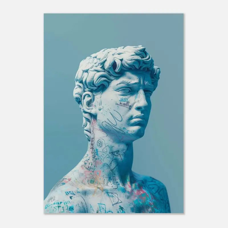 Un poster stylisé mettant en scène une statue de marbre de David, sa surface couverte de graffitis et de marques colorés.