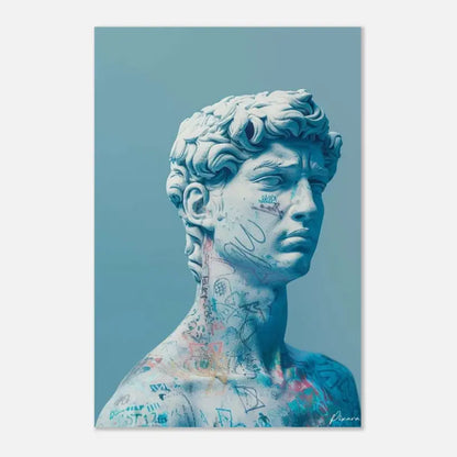 Une impression stylisée aux tons bleus de la statue de David, sa surface couverte de graffitis et de tatouages.