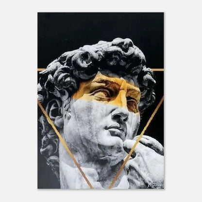 Une estampe d’art moderne présentant une représentation stylisée de la statue du David avec son visage mis en évidence en or sur un fond noir, accentué par de fines lignes dorées.