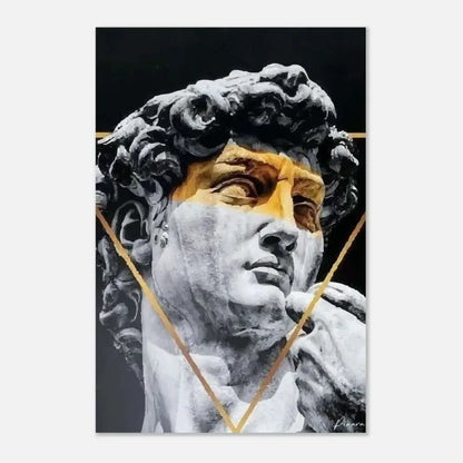 Une impression d’art moderne présentant une représentation stylisée et monochrome de la statue du David avec des accents dorés sur son visage et des lignes d’or entrecroisées.