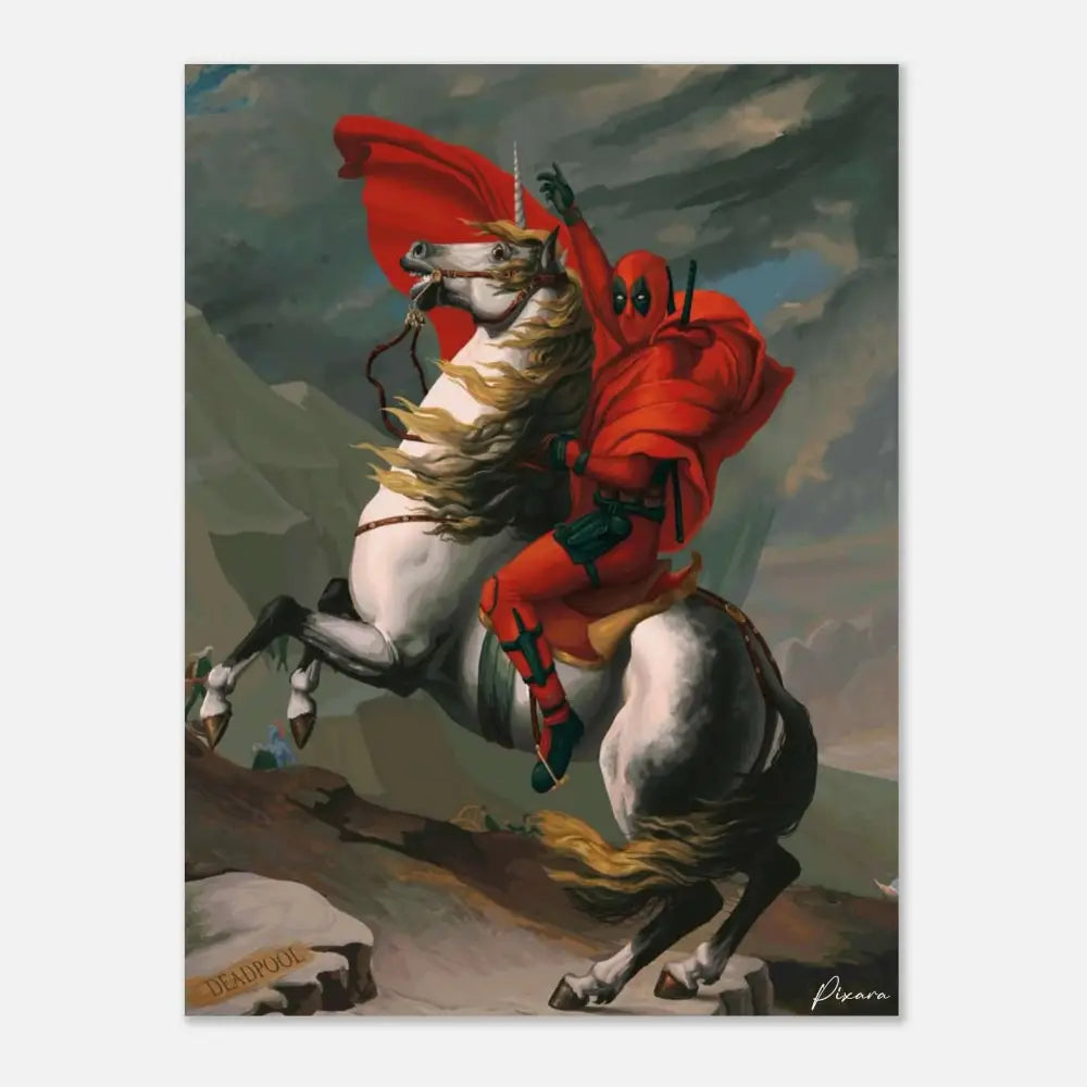 Deadpool en costume rouge chevauche une licorne blanche avec une crinière et une queue dorées flottantes, représenté comme une peinture à l’huile.