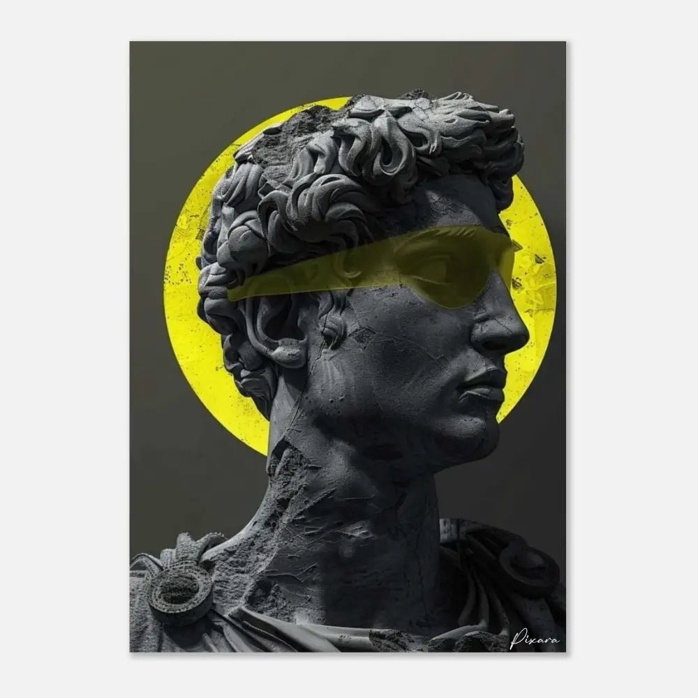 Une statue en pierre gris foncé d’une figure classique portant des lunettes de soleil jaunes sur un fond circulaire jaune vif.