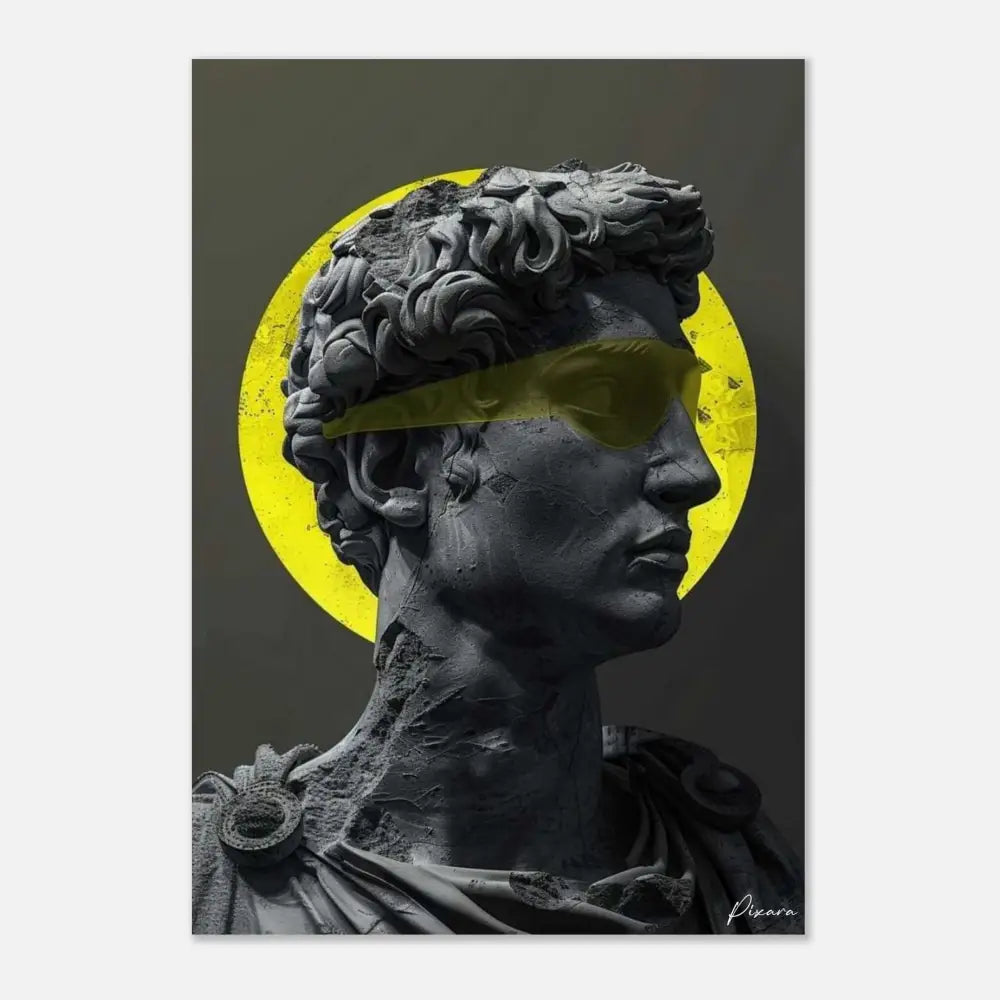 Une estampe d’art moderne présentant une statue de marbre gris foncé du David aux cheveux bouclés, portant des lunettes de soleil jaunes et se dressant sur un fond circulaire jaune vibrant.
