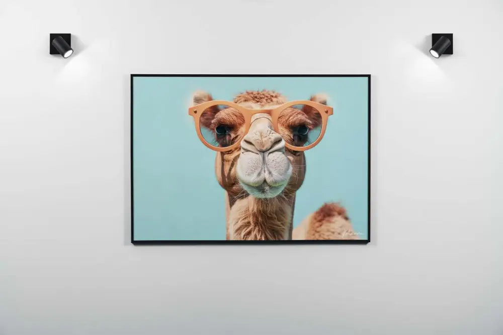 Une photographie encadrée d’un chameau portant des lunettes rondes à monture marron clair sur un fond uni turquoise.