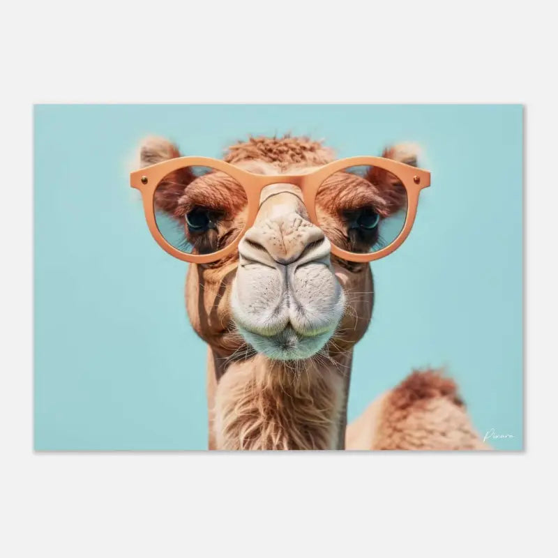 Un chameau portant des lunettes de soleil de couleur pêche avec des verres réfléchissants.
