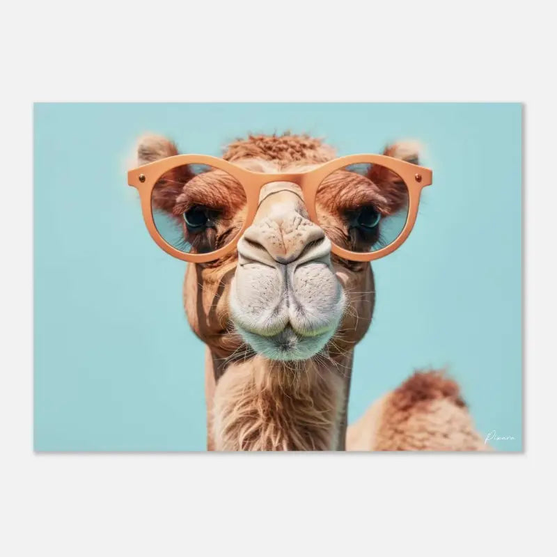 Un chameau à fourrure beige et un museau blanc portant des lunettes de soleil de couleur pêche sur un fond bleu clair.