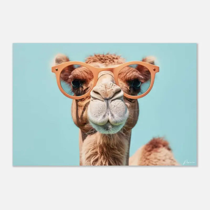 Un chameau à fourrure beige et un museau blanc portant des lunettes rondes à monture pêche sur un fond bleu clair.