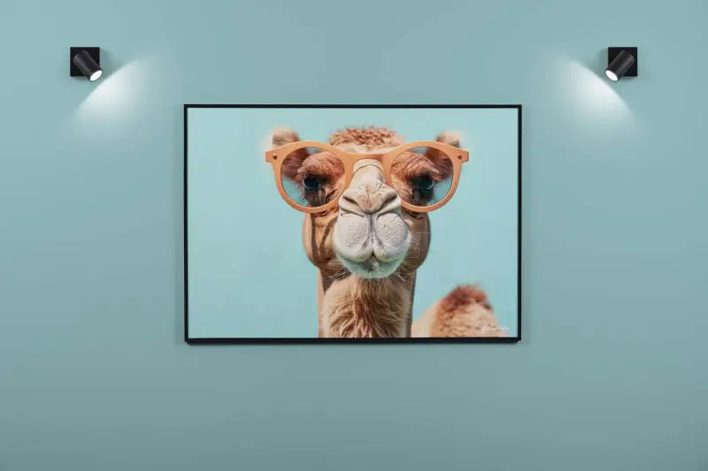 Une photographie encadrée d’un chameau portant des lunettes élégantes à monture marron clair avec des verres réfléchissants.