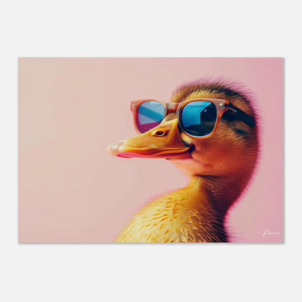 Un charmant caneton jaune portant des lunettes de soleil stylées aux verres teintés bleus avec une monture marron clair.