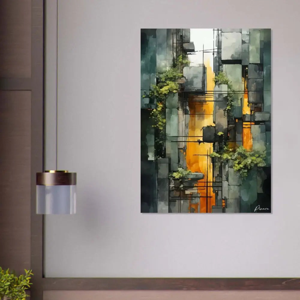 Peinture abstraite sur toile présentant des blocs géométriques empilés en gris et verts atténués, accentués par des stries verticales orange vives et des vignes vertes délicates.
