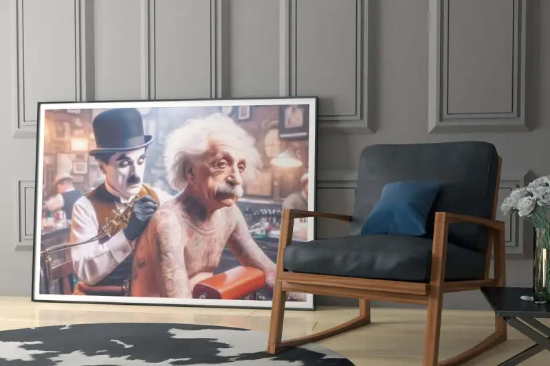 Une œuvre d’art encadrée représentant Charlie Chaplin et Albert Einstein dans un cadre de bar, l’image imprimée sur toile dans un cadre noir élégant.