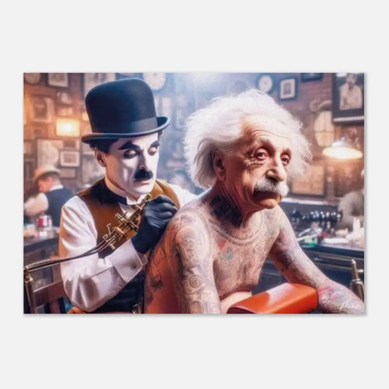 Une œuvre d’art numérique fantaisiste mettant en scène Charlie Chaplin en tant qu’artiste tatoueur avec son classique chapeau haut noir et sa moustache, encré sur l’épaule du bras d’Albert Einstein.