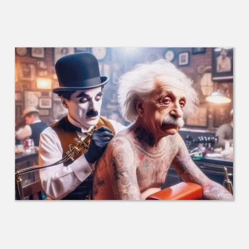 Une impression encadrée fantaisiste dépeignant Charlie Chaplin en tant qu’artiste tatoueur donnant à Albert Einstein, avec ses cheveux blancs emblématiques et sa moustache, un nouveau design d’encre sur son bras.