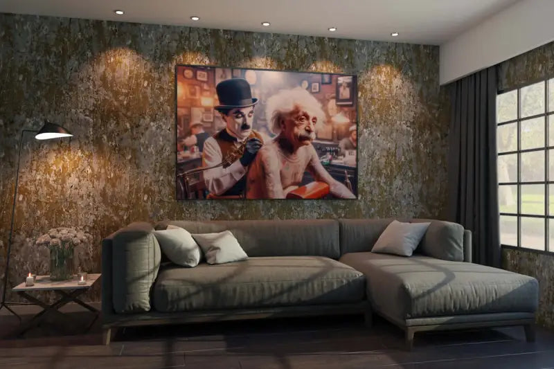 Une impression sur toile encadrée dépeignant une scène humoristique avec Charlie Chaplin et Albert Einstein, présentant des tons chauds et un travail de pinceau détaillé.