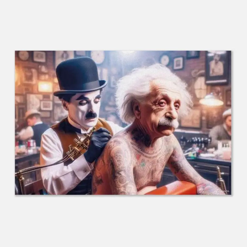 Une impression encadrée fantaisiste dépeignant Charlie Chaplin en tant qu’artiste tatoueur donnant à Albert Einstein, avec des cheveux blancs et des tatouages couvrant ses bras, une session d’encrage traditionnelle dans un cadre de bar à l’ancienne.
