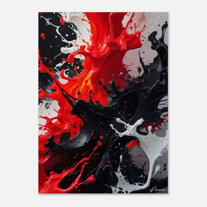 Peinture abstraite sur toile vibrante présentant des éclaboussures audacieuses de peinture rouge, noire et blanche.
