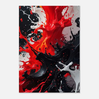 Peinture abstraite sur toile vibrante présentant des éclaboussures audacieuses de peinture rouge, noire et blanche.