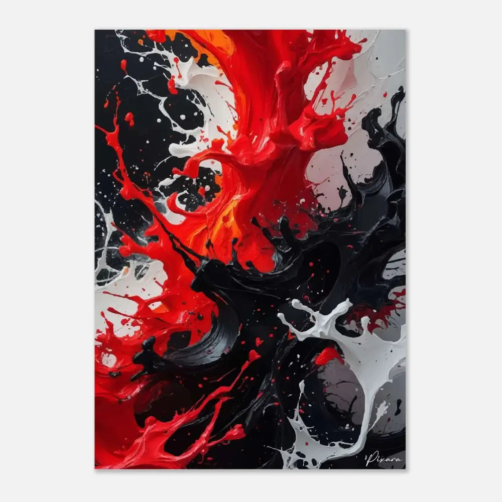 Peinture abstraite sur toile vibrante présentant des éclaboussures audacieuses de peinture rouge, noire et blanche.