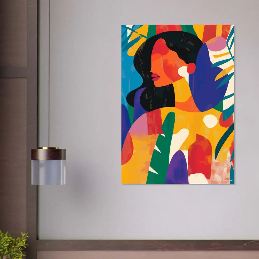 Portrait abstrait vibrant sur toile mettant en scène une femme stylisée aux cheveux noirs audacieux et aux formes géométriques colorées en jaune, orange, bleu, vert, violet et rouge.