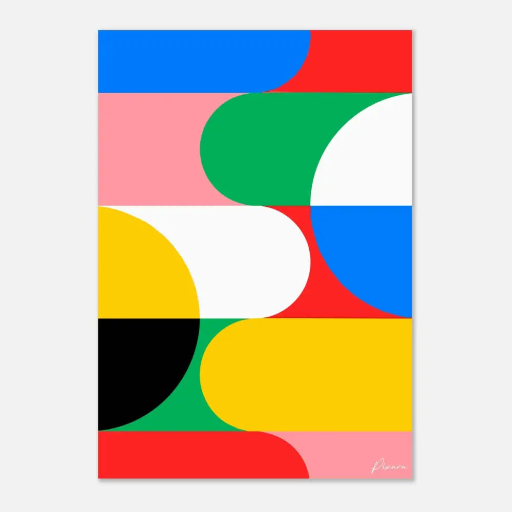 Une impression d’art abstrait vibrante mettant en scène des formes géométriques audacieuses et superposées en bleu, rouge, rose, vert, jaune, blanc et noir.