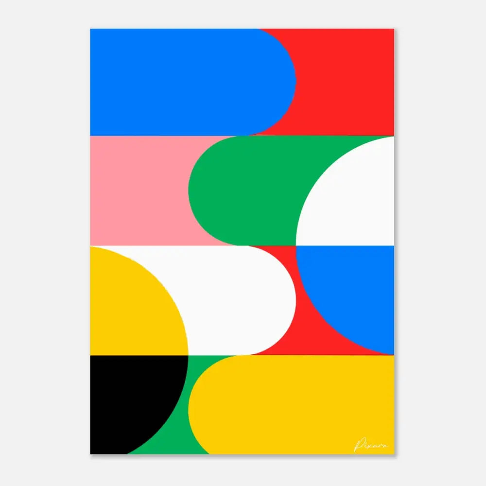 Impression d’art abstrait vibrant mettant en scène des formes géométriques audacieuses en bleu, rouge, rose, vert, jaune, blanc et noir.