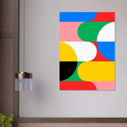 Art abstrait sur toile vibrant mettant en scène des formes géométriques audacieuses en bleu, rouge, vert, jaune, rose, blanc et noir.